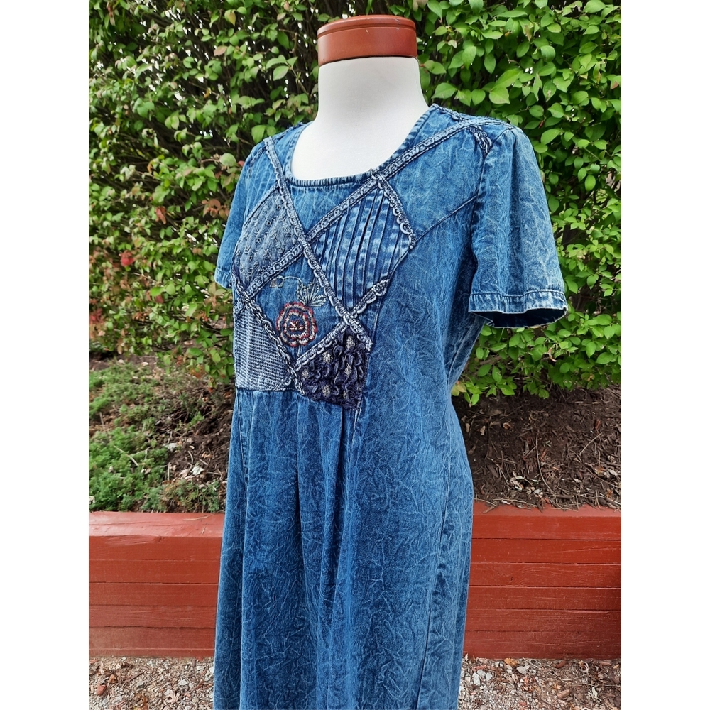 Vintage 90's Denim Midi Dress Embroidered Embellished Steampunk Boho Costume